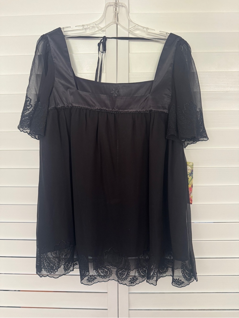 Lapis Black Sheer Overlay Babydoll Peasant Blouse With Satin and Embroidery NWT